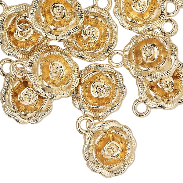 Charm, gold-finished "pewter" (zinc-based alloy), 14mm rose. Sold per pkg of 24. image number 0