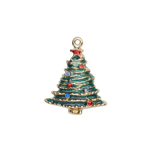 Charm, gold-finished "pewter" (zinc-based alloy) and enamel, green / red / blue, 20x19mm single-sided Christmas tree. Sold per pkg of 2. image number 0