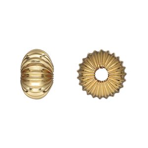 Bead, gold-plated brass, 14.5x9mm corrugated rondelle. Sold per pkg of 8.