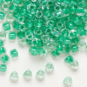Seed bead, Miyuki, glass, transparent clear color-lined kelly green, (TR1130), #5 triangle. Sold per 25-gram pkg.