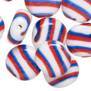 Bead, lampworked glass, opaque red / blue / white, 17mm flat round. Sold per pkg of 10.