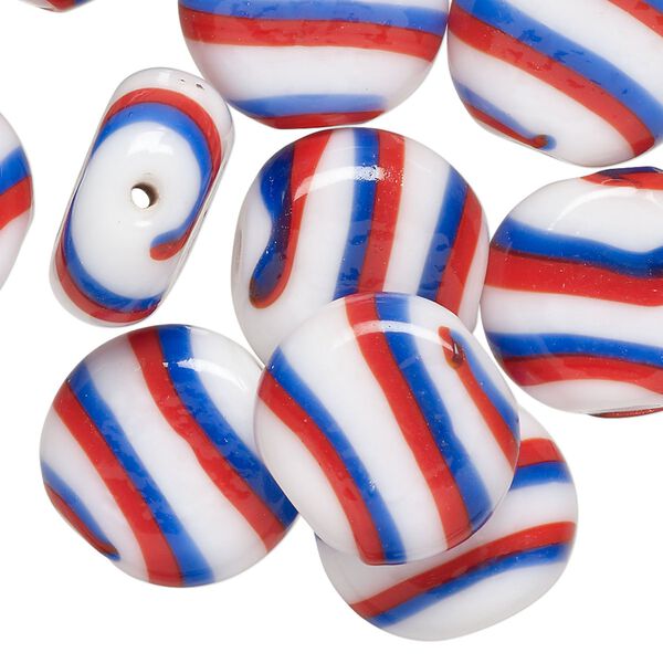 Bead, lampworked glass, opaque red / blue / white, 17mm flat round. Sold per pkg of 10. image number 0