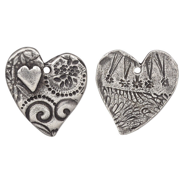 Charm, TierraCast®, "Vida Mas Dulce" collection, antiqued pewter (tin-based alloy), 24x23mm two-sided heart with amor design. Sold per pkg of 10. image number 0
