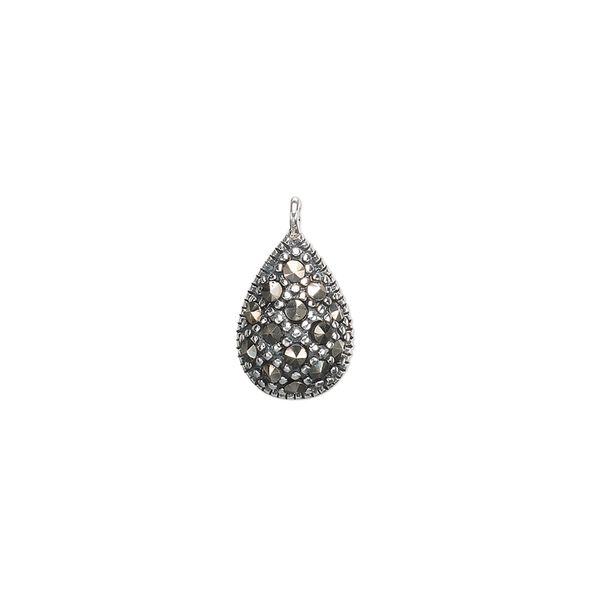 Marcasite / sterling silver 1pkg2, teardrop drop natural 12x10mm image number 0