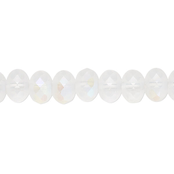 Bead, Czech fire-polished glass, translucent matte opal AB, 9x5mm faceted rondelle. Sold per 15-1/2" to 16" strand. image number 0