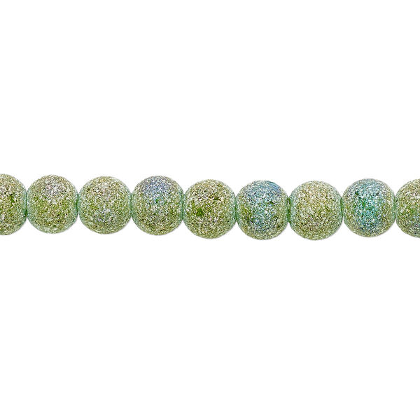 Bead, coated glass, opaque matte green AB, 5-6mm uneven round. Sold per 15-1/2" to 16" strand. image number 0