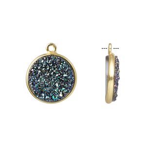 Druzy agate / sterling silver 1pkg1, electrocoated gold finished hand-cut flat round drop 15mm