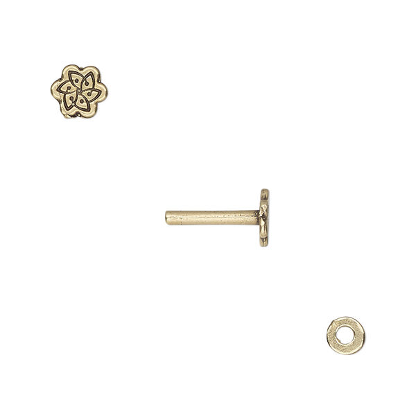 Washer and brad, antiqued brass, 4x0.7mm and 11x6mm with 6x5.5mm fancy flower and 1.5mm post diameter. Sold per pkg of (2) 2-piece sets. image number 0