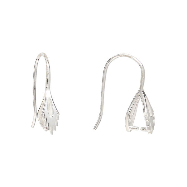 Ear wire, sterling silver, 17mm hook with open feather and ice-pick bail and 6.5mm grip length, 20 gauge. Sold per pair. image number 0
