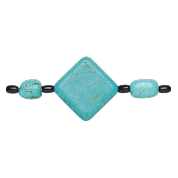 Bead mix, "turquoise" (imitation) resin and glass, light blue and black, 6x4mm barrel / small nugget / 32x32mm puffed diamond. Sold per pkg of 7. image number 0