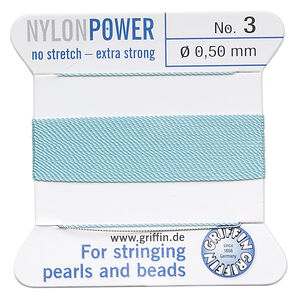 Thread, Griffin, nylon, turquoise blue, size #3. Sold per 2-meter card (approximately 78 inches).