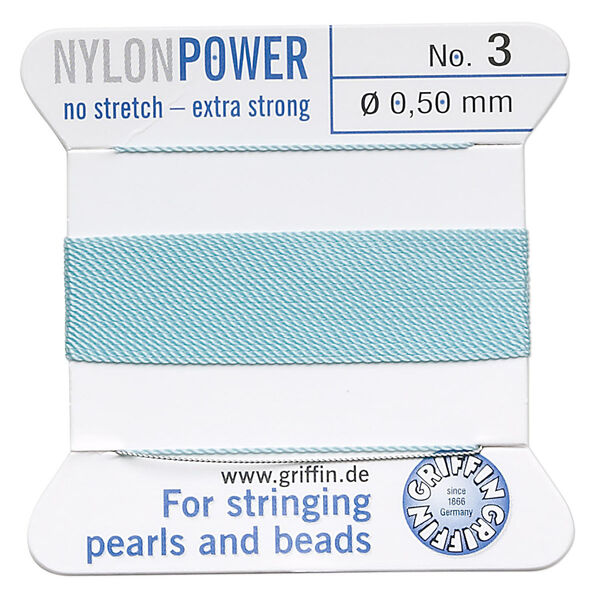 Thread, Griffin, nylon, turquoise blue, size #3. Sold per 2-meter card (approximately 78 inches). image number 0