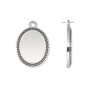 Drop, antique silver-finished "pewter" (zinc-based alloy), 21x17mm oval with beaded and triangle edge with 16x12mm oval setting. Sold per pkg of 6.