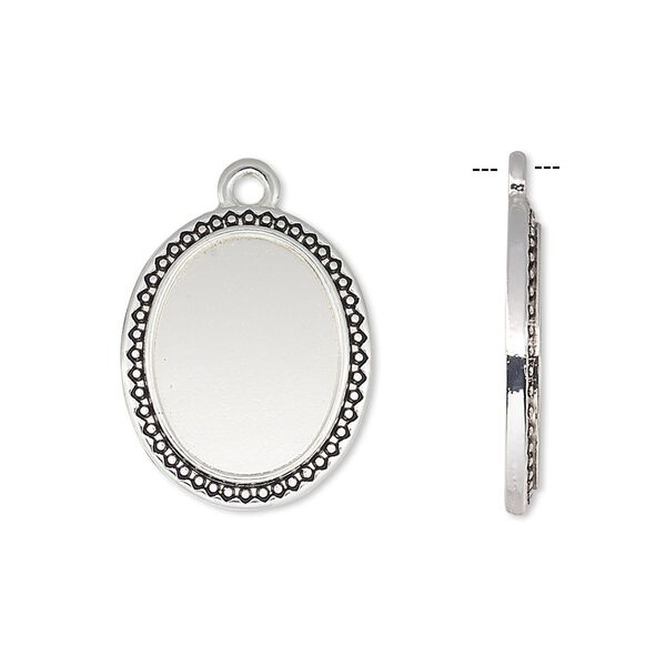 Drop, antique silver-finished "pewter" (zinc-based alloy), 21x17mm oval with beaded and triangle edge with 16x12mm oval setting. Sold per pkg of 6. image number 0