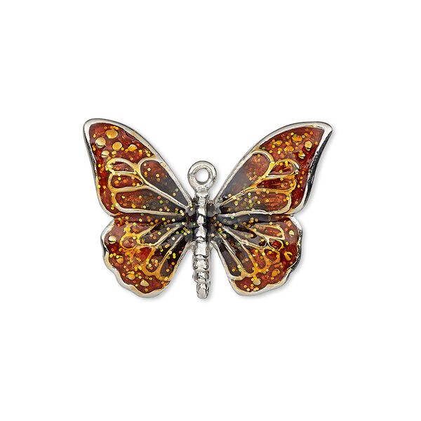 Charm, enamel and imitation rhodium-plated "pewter" (zinc-based alloy), orange and black with glitter, 26x19mm single-sided butterfly. Sold individually. image number 0