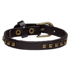 Bracelet, leather (dyed) and antique brass-plated steel, black, 10mm wide with square studs, adjustable from 6-1/2 to 7-1/2 inches with buckle-style closure. Sold individually.