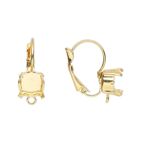Ear wire, gold-plated brass, 20mm leverback with SS39 4-prong rivoli or chaton setting and loop. Sold per pair. image number 0
