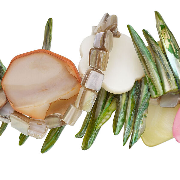 Bead mix, mother-of-pearl shell (natural / bleached / dyed), multicolored, 7x6mm-40x30mm multi-shape. Sold per (3) 15" to 16" strands. image number 0