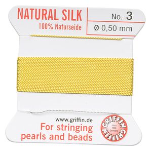 Thread, Griffin, silk, yellow, size #3. Sold per 2-meter card (approximately 78 inches).