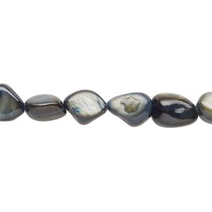 Bead, mother-of-pearl shell (dyed), steel, small to large pebble, Mohs hardness 3-1/2. Sold per 30-inch strand.