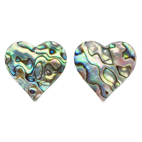 Focal, paua shell (natural), 32mm hand-cut top-drilled single-sided heart, Mohs hardness 3-1/2. Sold per pkg of 2. image number 0