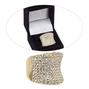 Ring, Czech glass rhinestone and gold-finished brass, clear, 21mm wide curved band, size 8. Sold individually.