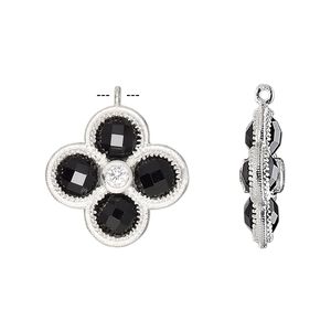 Drop, black onyx (dyed) / cubic zirconia / sterling silver, clear, 19mm double-sided faceted flower. Sold individually.