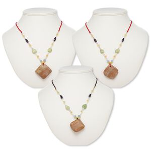 Multi-gemstone / acrylic / glass 1pkg3, wavy diamond pendant necklace mix continuous loop 20-24 inch 41x41mm-42x42mm