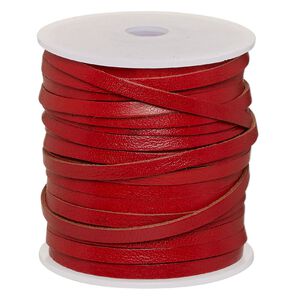 Cord, leather, red, 4mm flat. Sold per 25-yard spool.