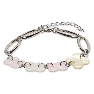 Bracelet, freshwater pearl shell (natural / bleached / dyed) / silver-coated plastic / silver-finished steel / "pewter" (zinc-based alloy), light pink / light yellow / light brown, 16mm wide with 16mm flower, 7 inches with 2-inch extender chain and lobster claw clasp. Sold individually.