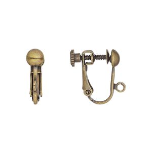 Earring clip-on 1pkg100 antique gold-plated, 15mm hinged screwback / 5mm half-ball / open loop, brass 50 pair
