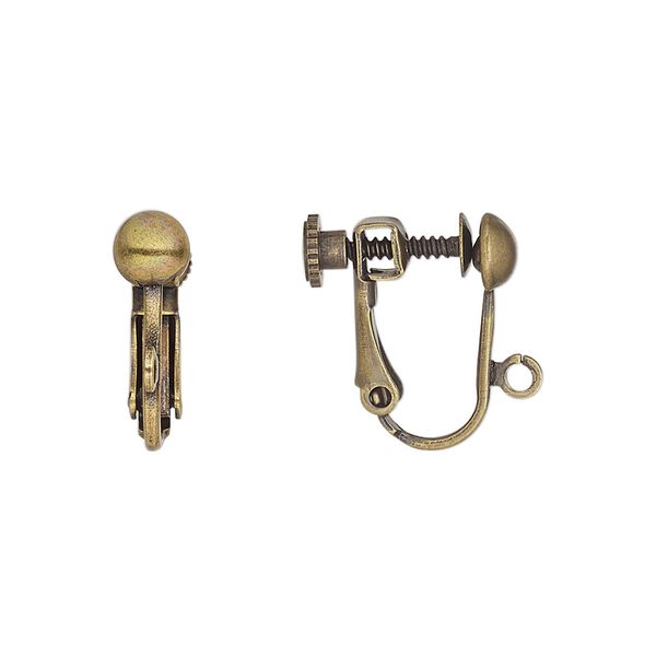 Earring clip-on 1pkg100 antique gold-plated, 15mm hinged screwback / 5mm half-ball / open loop, brass 50 pair image number 0