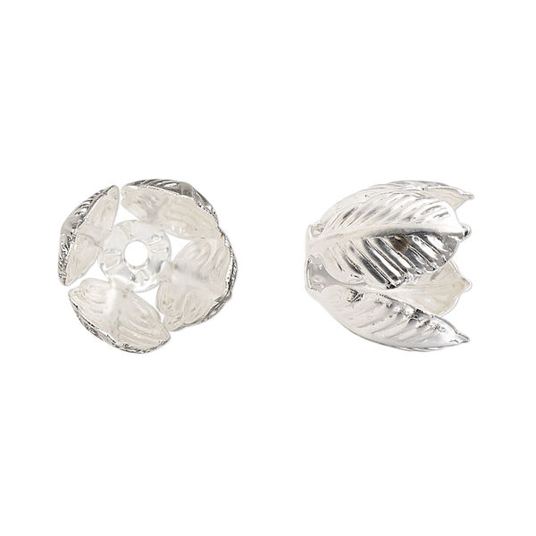 Bead cap, silver-finished copper, 15x14mm leaves, fits 10-12mm round bead. Sold per pkg of 10. image number 0