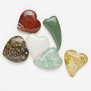 Multi-gemstone 1pkg6, half-drilled puffed / flat heart, focal mix 33x29mm-64x34mm