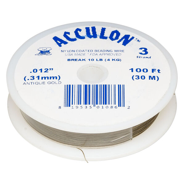 Beading wire, Acculon®, nylon-coated stainless steel, gold color, 3 strand, 0.012-inch diameter. Sold per 100-foot spool. image number 0