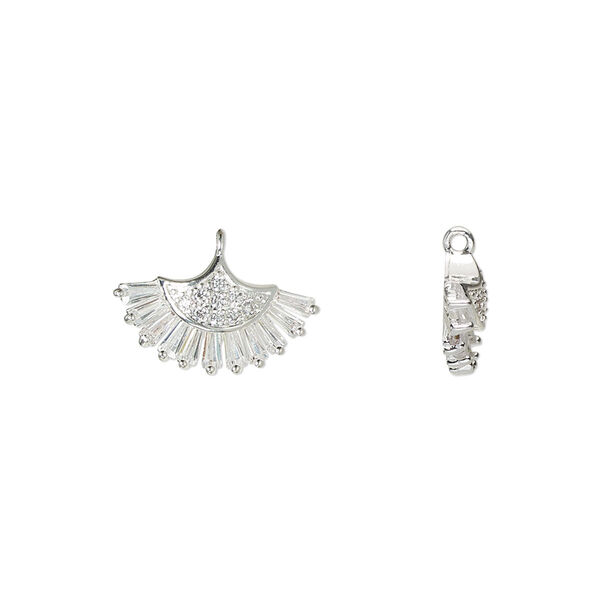 Drop, glass rhinestone and silver-finished brass, clear, 15x9mm single-sided fan. Sold individually. image number 0