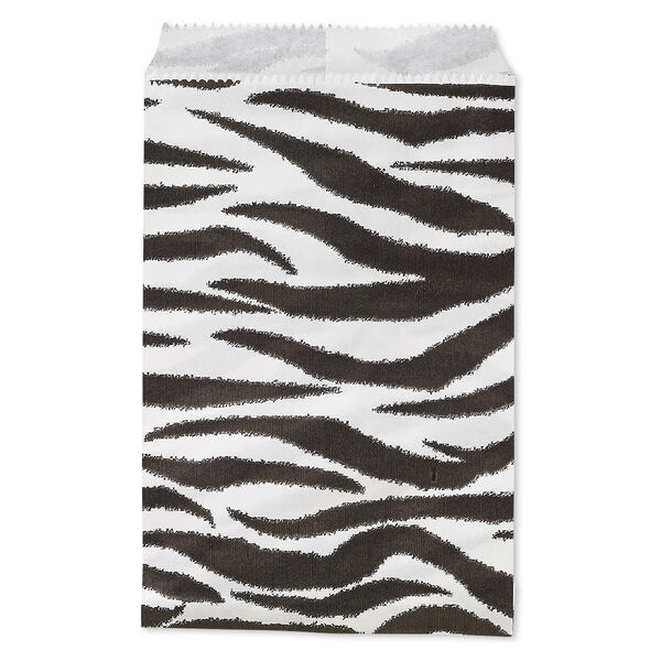 Bag, paper, white and black, 6x4 inches with zebra print and scalloped top edge. Sold per pkg of 100. image number 0