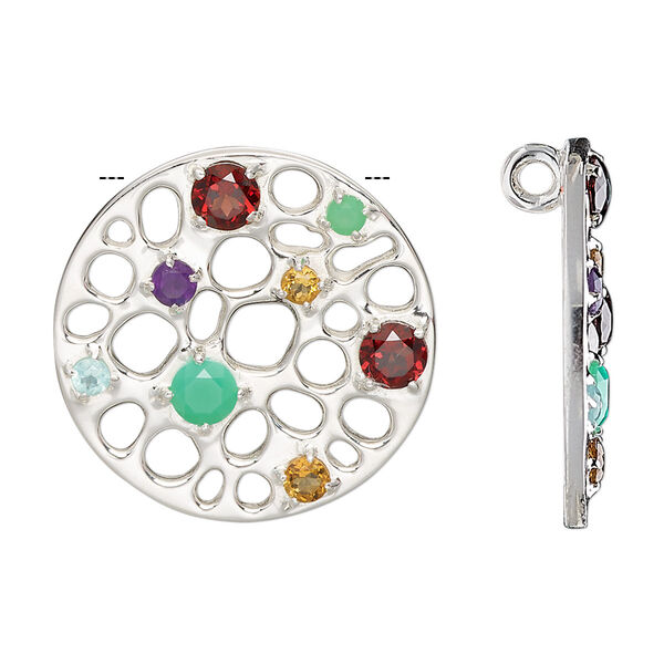 Drop, multi-gemstone (natural / dyed / heated) and sterling silver, multicolored, 25mm single-sided flat round with hidden loop. Sold individually. image number 0