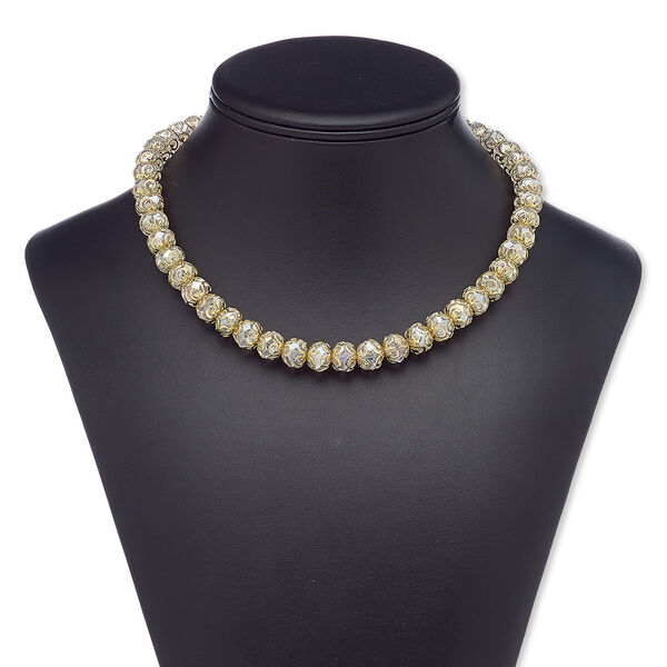 Necklace, glass and gold-finished steel, clear AB, 10x8mm rondelle, 18 inches with magnetic clasp. Sold individually. image number 0