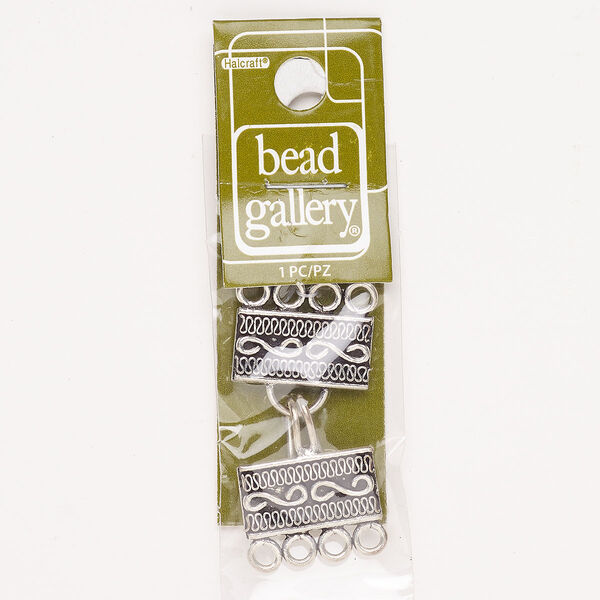 Clasp hook-and-eye "pewter" zinc-based alloy 1pk 32x21mm 4-strand rectangle with scrolls, antique silver finish image number 0