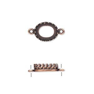 Link, JBB Findings, antique copper-plated brass, 11.5x9mm oval with open back and decorative trim, 10x8mm oval bezel setting. Sold per pkg of 2.