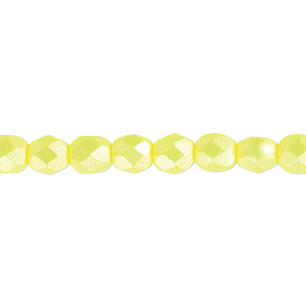 Bead, Czech fire-polished dipped décor glass, opaque pearlescent light yellow, 6mm faceted round. Sold per pkg of 1,200 (1 mass). image number 0