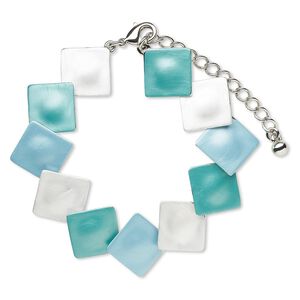 Bracelet, epoxy with imitation rhodium-finished brass and "pewter" (zinc-based alloy), green / white / light blue, 19x19mm diamond, 7-1/2 inches with lobster claw clasp and 2-inch extender chain. Sold individually.