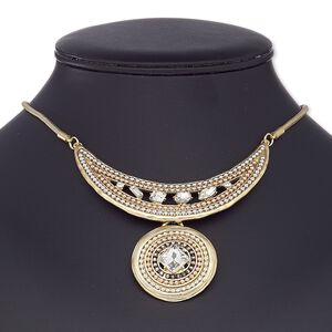 Necklace, glass rhinestone / gold-coated plastic / gold-finished steel / "pewter" (zinc-based alloy) / copper- / gunmetal- / silver-plated brass, clear, half moon, 16 inches with 2-inch extender chain and lobster claw clasp. Sold individually.