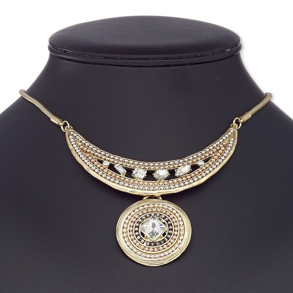 Necklace, glass rhinestone / gold-coated plastic / gold-finished steel / "pewter" (zinc-based alloy) / copper- / gunmetal- / silver-plated brass, clear, half moon, 16 inches with 2-inch extender chain and lobster claw clasp. Sold individually. image number 0