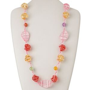 Necklace, acrylic and waxed cotton cord, multicolored, nugget with stripes, 30-inch knotted continuous loop. Sold individually.
