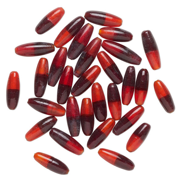 Bead, glass, translucent 2-tone black and red, 23x8mm-28x9mm capsule. Sold per pkg, 30 beads. image number 0