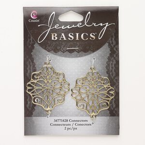 Link, brass, pkg/2, gold finish, 32x30mm fancy oval with cutout design.