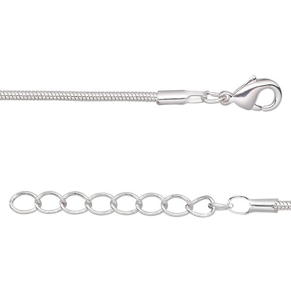 Chain, silver-plated brass, 1mm snake, 16 inches with 1-inch extender chain and lobster claw clasp. Sold per pkg of 4. image number 0