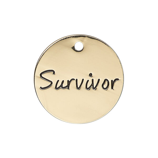 Charm, antique gold-finished "pewter" (zinc-based alloy), 25mm single-sided flat round with "Survivor." Sold individually. image number 0